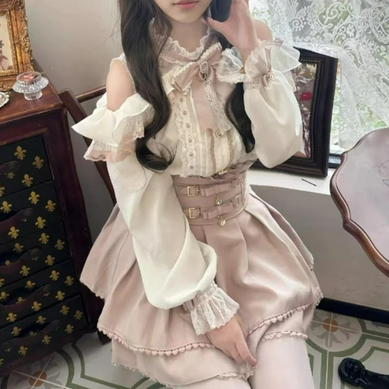 2025 Japanese Kawaii Short Skirt Sets Sweet Ruffles Off Shoulder Bow Shirt Gown Faldas Y2k Aesthetic Mini Skirts Lolita Full Set