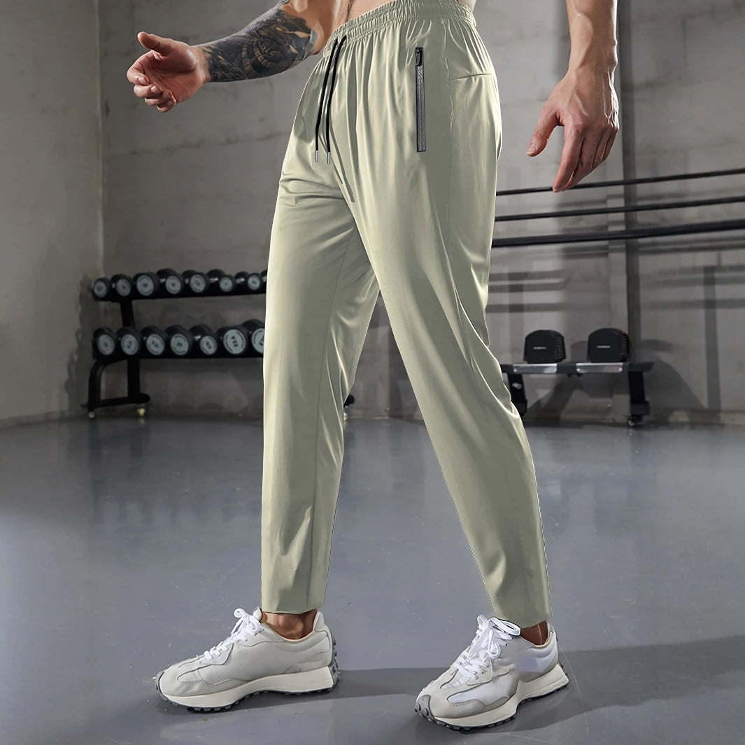 [Home Relaxation] Men's Casual Sports Pants, High Stretch Woven Fabric, Solid Color, Regular Fit with Drawstring Waist and Zippe