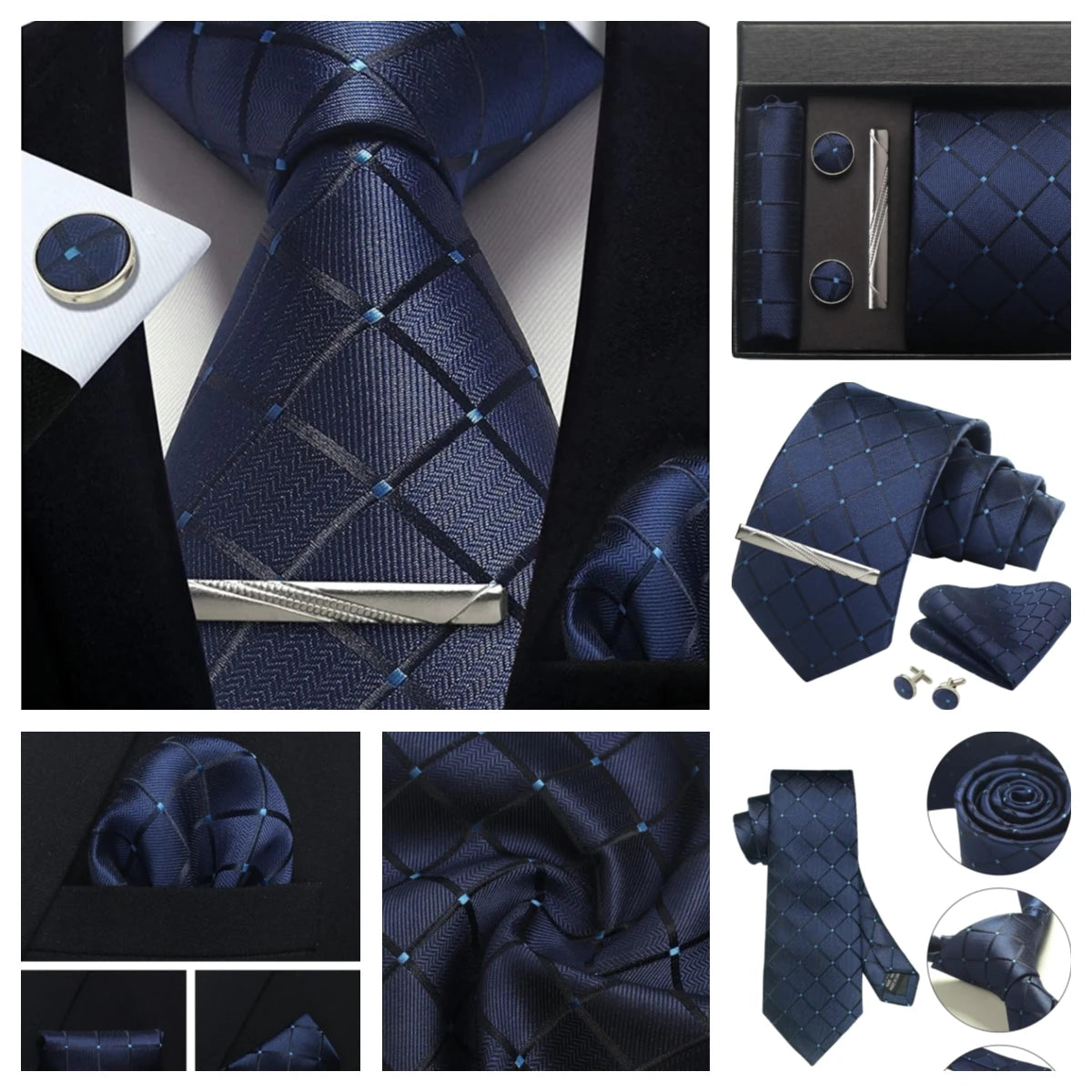 Classic 100% Silk Men's Ties In Gift box 8cm Plaid Dot Striped Business Necktie Handkerchief Cufflinks Wedding Party Tie Set