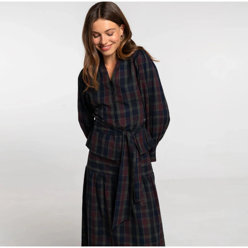 Women Chic Lace Up Checkered Skirt Suit Elegant V-neck Long Lantern Sleeve Top Long Skirts Set 2026 Spring Lady Commute outfits