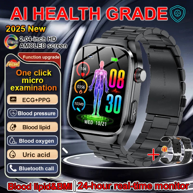 2025 New ECG+PPG Clock Smartwatch Men Uric Acid Blood Pressure Blood Oxygen Body Analysis Heart Health Monitor Smart Watch lady